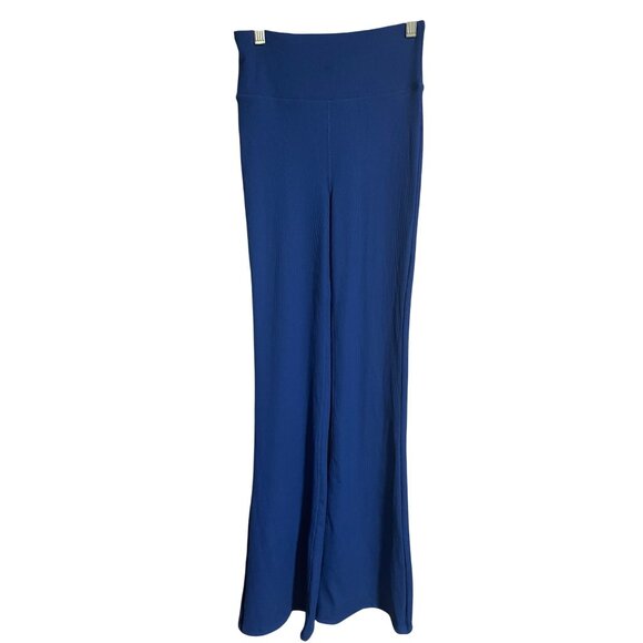C Pants - High-Waisted Blue Flared Leggings Womens Small Blue Ribbed Stretchy Fabric